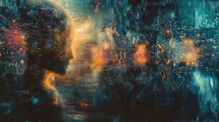 Abstract AI with glowing data streams, neural patterns in dark digital space, vivid and complex.