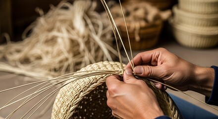 Hand weaving basket using natural materials in artisanal workshop  