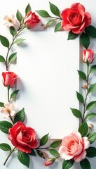 Elegant foliage surrounds notecard, pure white backdrop, celebration, elegant