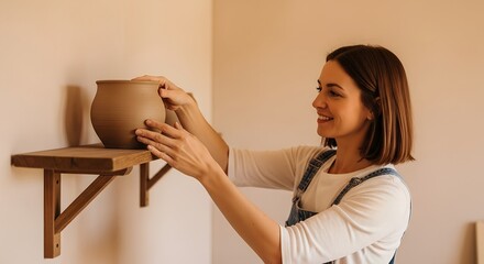 Young woman placing pottery on wooden shelf in creative studio  