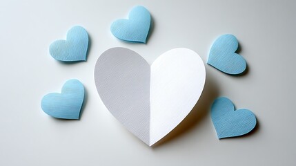 Obraz premium A large white and gray paper heart is surrounded by smaller blue paper hearts on a light gray background