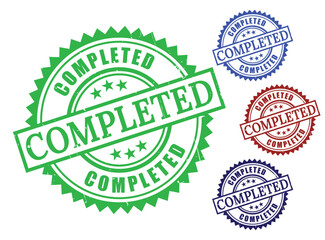 Project Completed Stamp Icons, Grunge Style Finished Task Labels  