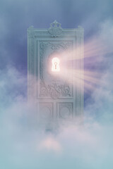 Generative AI Ornate Doorway Keyhole with Light Rays Door Clouds White Entrance Key Portal Dreamlike Fantasy Opportunity Mystery Discovery Access Solution Potential Hope - Download Now