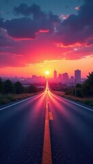 Empty asphalt road leads to vibrant sunset city skyline, road, empty, scenic