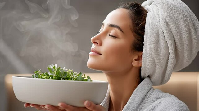 Woman with towel on head enjoys aromatic steam from a bowl of herbs in a serene spa environment, promoting relaxation and wellness through natural remedies and self-care practices