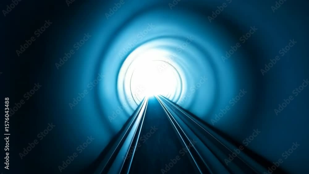 Poster blue circular light trails inside dark tunnel with glowing railway track creating dynamic motion and