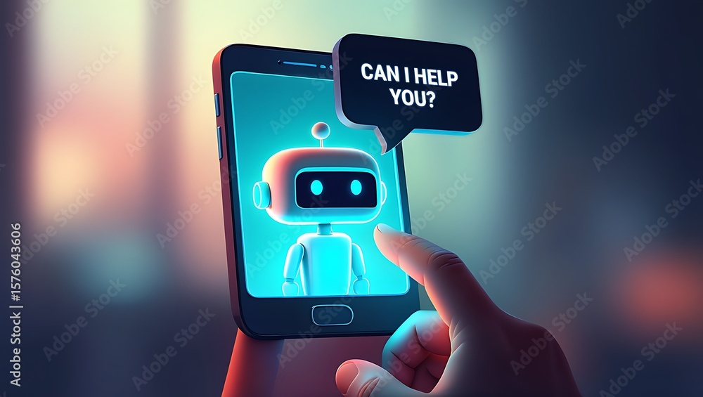 Poster ai chatbot assistance on mobile device display, virtual assistant offering help on mobile phone scre