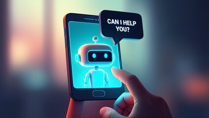 AI Chatbot Assistance on Mobile Device Display, Virtual assistant offering help on mobile phone screen