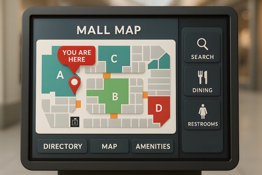 A cutting-edge digital mall directory screen, offering a user-friendly interface for navigation. Displaying the layout of a shopping mall.