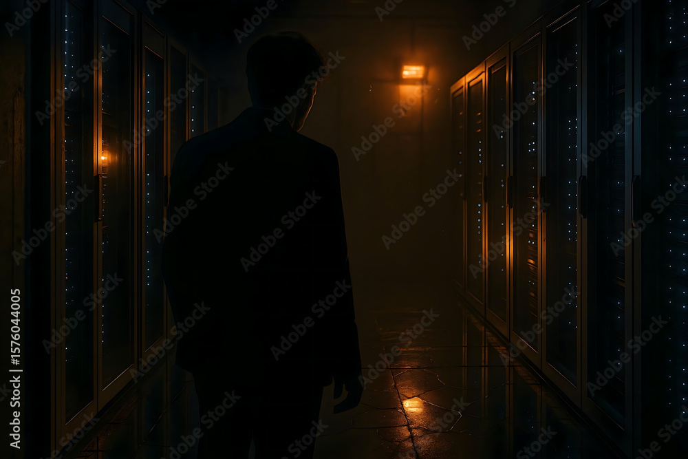 Poster a silhouette man stands in a server room illuminated by blinking lights, creating a mysterious, tech