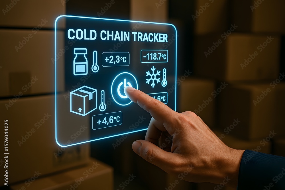 Poster an eye-level shot of a person's hand interacting with a holographic screen, demonstrating an advance