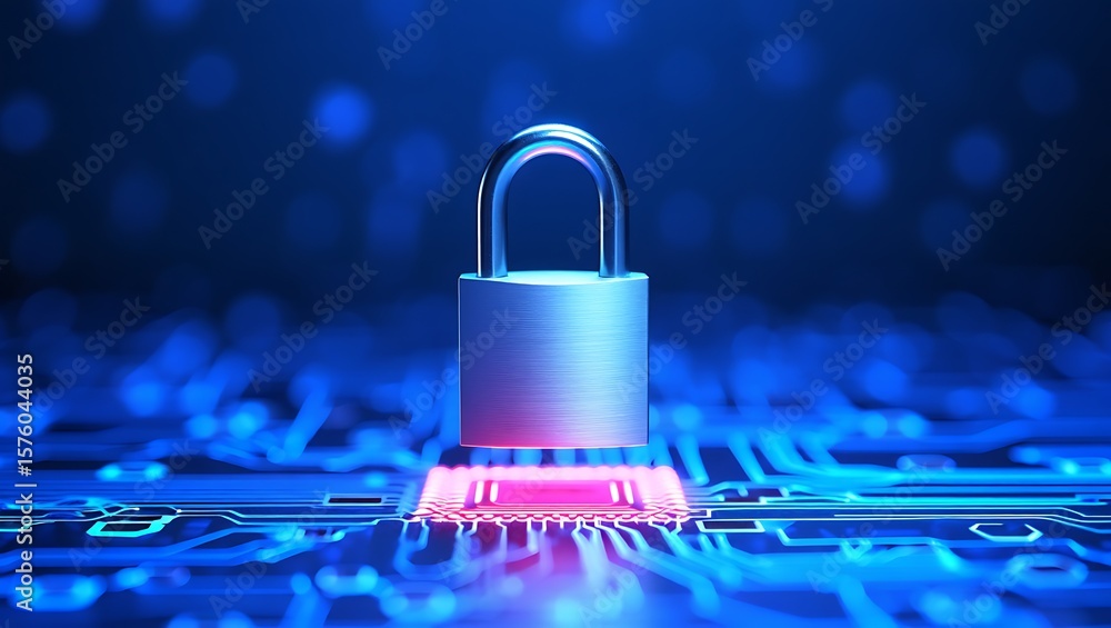 Poster digital security lock on glowing circuit board, protecting critical data and cybersecurity, advanced