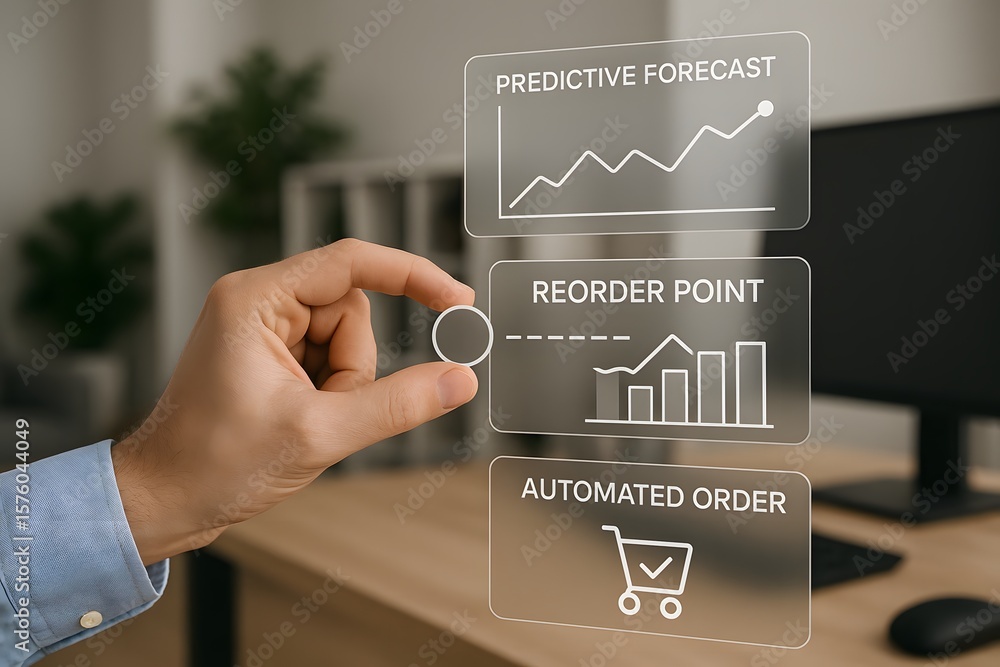 Poster navigating the digital realm of predictive analytics. an individual interacts with projected interfa