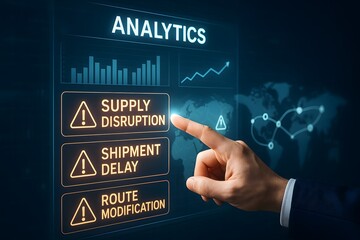 A conceptual image of a finger pointing at an analytical interface screen focusing on potential supply chain disruption risks. The image symbolizes forward thinking.