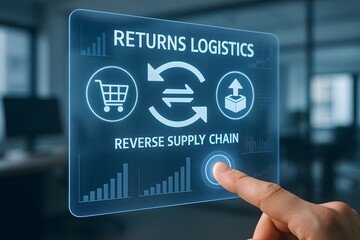 A close-up of a hand interacting with an interactive digital screen about returns logistics and reverse supply chain management. Showing the seamless interaction between user and interface.
