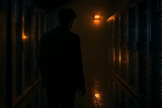 A silhouette man stands in a server room illuminated by blinking lights, creating a mysterious, technological atmosphere with depth.