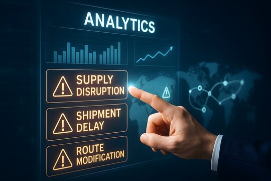 A conceptual image of a finger pointing at an analytical interface screen focusing on potential supply chain disruption risks. The image symbolizes forward thinking.