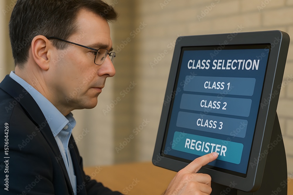 Poster man selects course class on interactive kiosk.