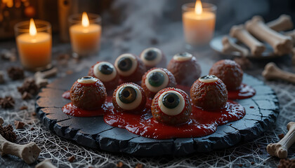 Spooky Eyeball Meatballs A Halloween Treat with Realistic Eyeballs for a Frightful and Edible Centerpiece