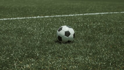 Fototapeta premium Close-up of a classic soccer ball resting on a green grass field under natural sunlight, capturing the essence of the game and the anticipation of play in a vibrant and energetic sports atmosphere