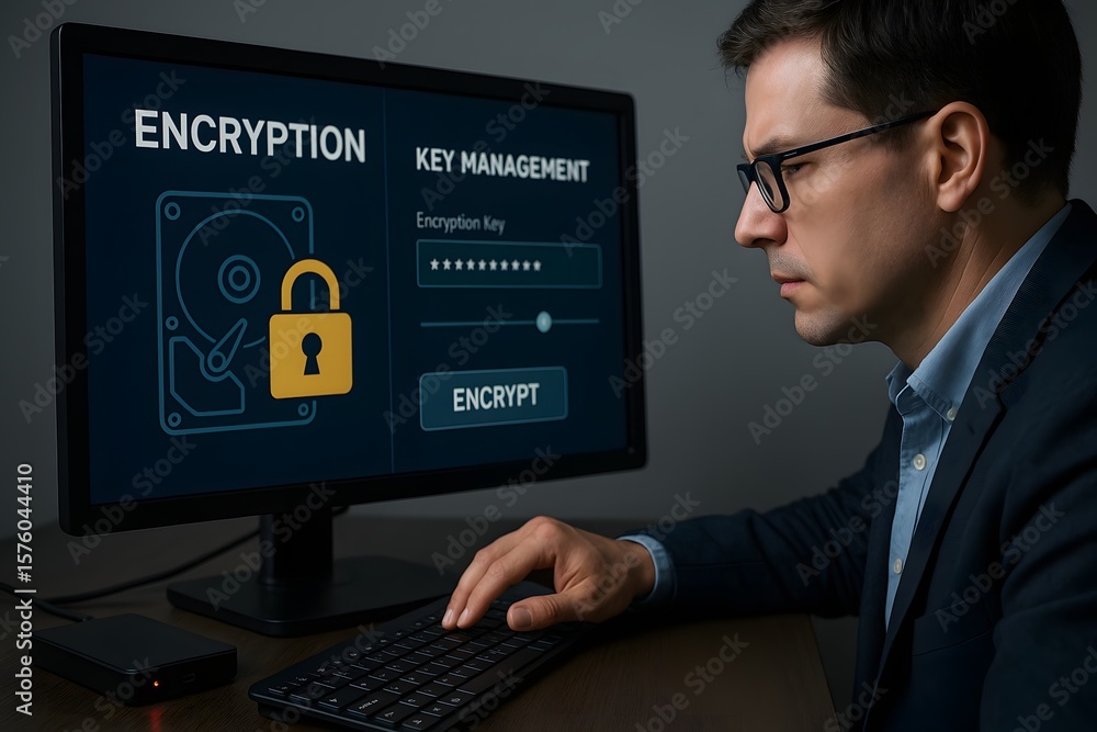 Poster an expert, intently focused on a desktop computer, demonstrates the act of encrypting data. the scre