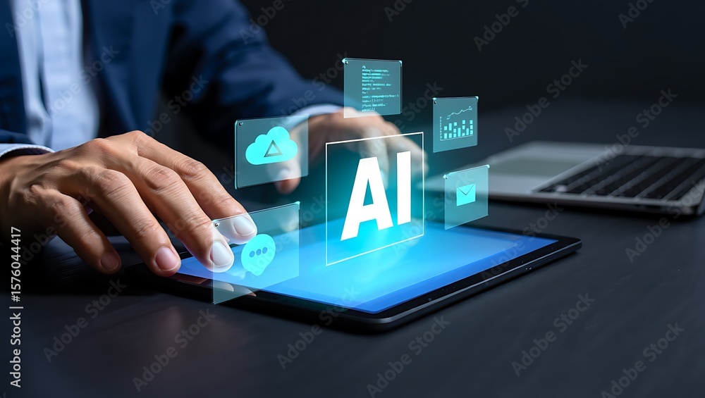 Poster ai interface on a touch screen tablet with digital elements, person in a suit interacting with ai so