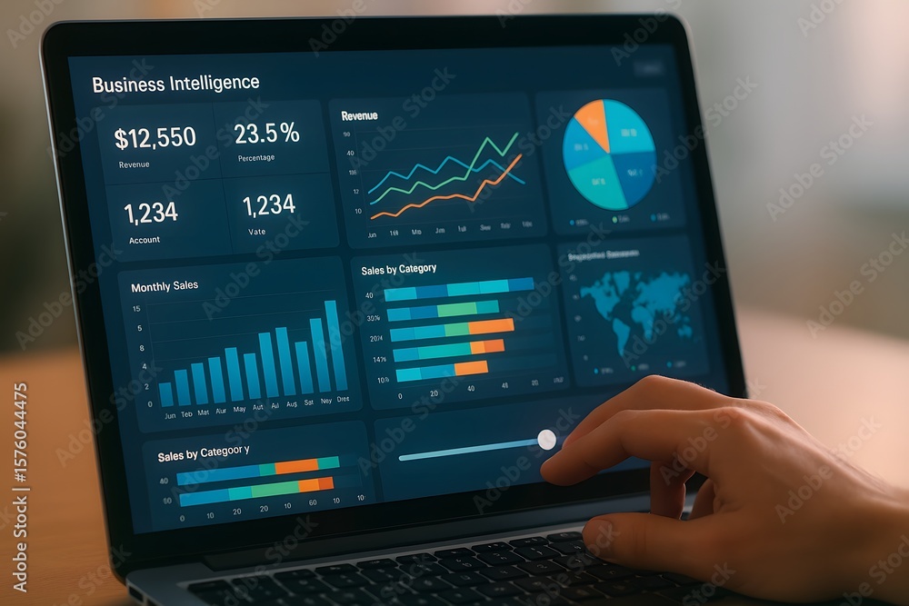 Poster an individual intently studies dynamic data charts displayed on a laptop, symbolizing the world of b