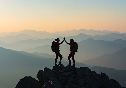 Hikers High-Five on Mountain Summit at Sunrise. Generative Ai