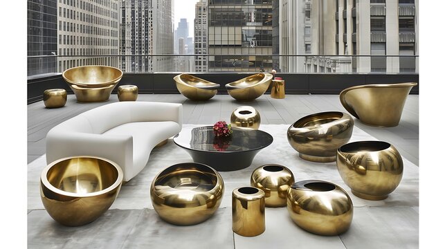 Luxury rooftop lounge featuring golden sculptural furniture and architectural cityscape backdrop