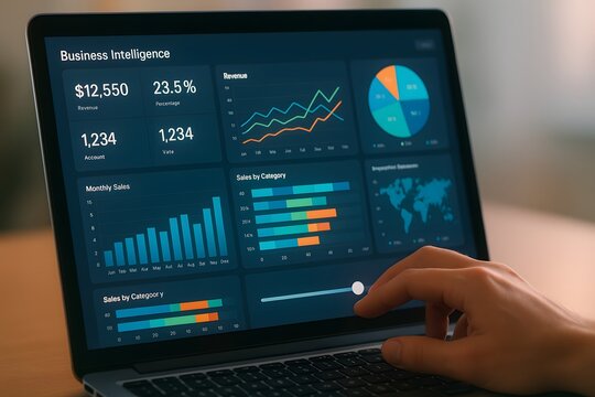 An individual intently studies dynamic data charts displayed on a laptop, symbolizing the world of business intelligence, data analysis, and technological advancement. 