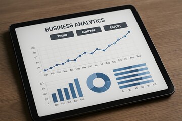 A tablet displaying interactive business analytics, showcasing trend analysis and data visualization for informed decision-making.