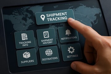 An up-close perspective shows a hand engaging with a touchscreen interface showcasing a sophisticated logistics platform, illuminating the efficiency of shipment tracking. 