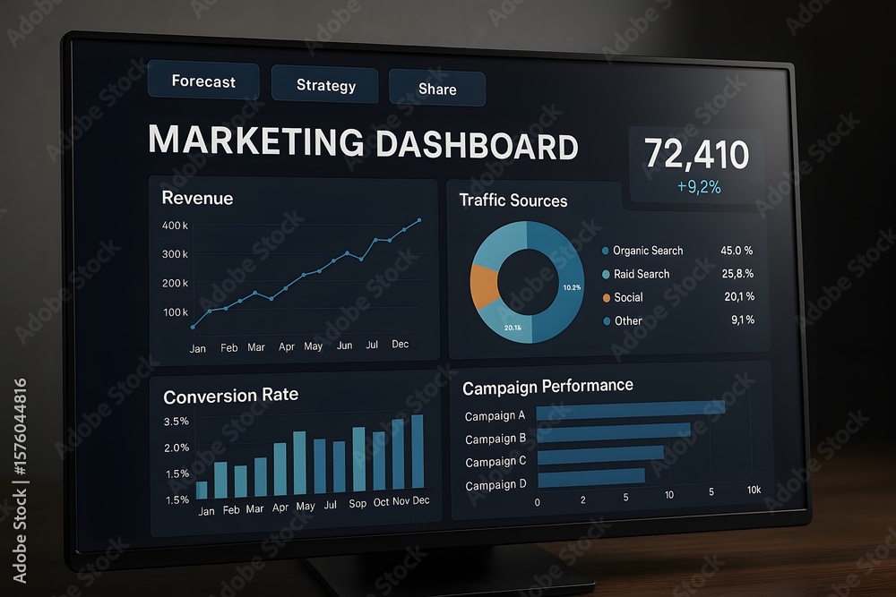 Poster the dynamic display of a 'marketing dashboard', packed with interactive charts, graphs, and real-tim