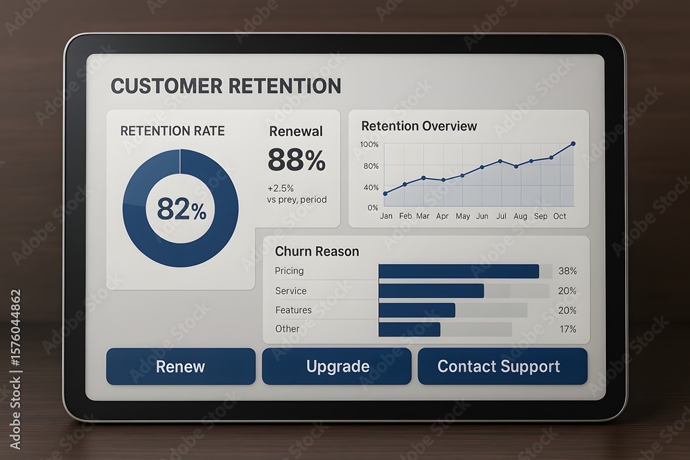 Poster a modern tablet displaying a customer retention dashboard, showcasing data visualization in a profes