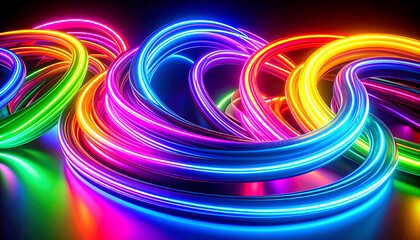 Abstract 3D neon glowing pipes with reflections