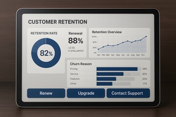 A modern tablet displaying a customer retention dashboard, showcasing data visualization in a professional and contemporary setting.
