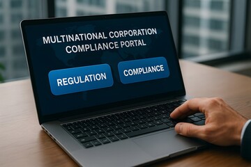 A modern laptop displaying a compliance portal interface on a wooden desk, symbolizing business technology and regulatory systems.
