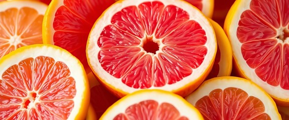 Pink grapefruit slice among yellow lemon slices, vibrant citrus contrast,   organic,   single