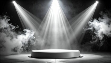 spotlight burst ray with smoke and round podium for product presentation mockup