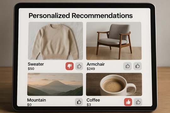 Showcasing the power of personalized recommendations, a tablet screen displays curated suggestions for lifestyle products, inviting users to explore their preferences.