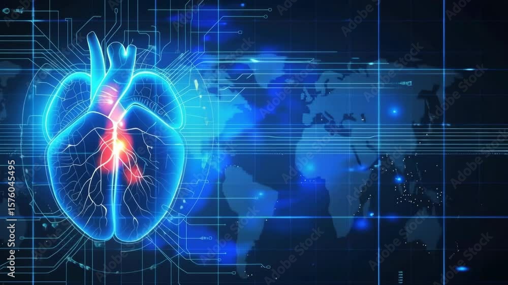 Poster digital glowing heart anatomy with circuitry and world map background illustrating advanced technolo