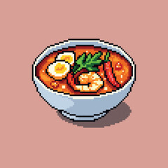 Vector pixel art illustration of a traditional Thai Tom Yum soup in a white bowl. The image features a vibrant, 16-bit retro style with shrimp, boiled eggs, chili peppers, herbs, and rich orange broth