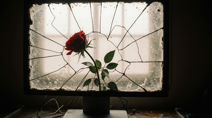 Generative AI Rose Growing Through Broken Screen Red rose Flower Broken screen Computer screen Monitor Damaged Glass Cracked Still life Floral Bloom Nature Plant Stem - Unique Design