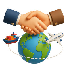 free trade agreement concept. Hands shaking over a globe with transport symbols.