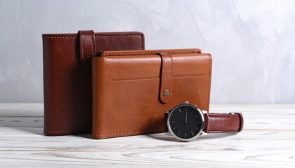 高品質な革製品のコレクション、茶色の財布とウォッチが木製テーブルに配置された上品で洗練されたライフスタイル写真、職人技が光る手作り感のある革小物とアクセサリーの美しい静物撮影、大人の男性向けファッションアイテム