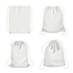 Rope bag. Sport fabric white shoulder drawstring package vector realistic collection