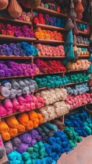 Fototapeta premium Vibrant display of multicolored yarn skeins and tassels neatly arranged on wooden shelves, showcasing a rainbow of textile crafting materials