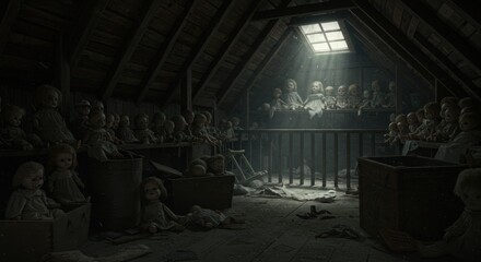 An assemblage of antique dolls arranged in the dim, enigmatic space of an attic setting
