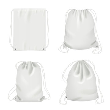 Rope bag. Sport fabric white shoulder drawstring package vector realistic collection