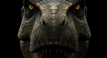 An intimidating close up of a tyrannosaurus rex with rough skin and sharp teeth